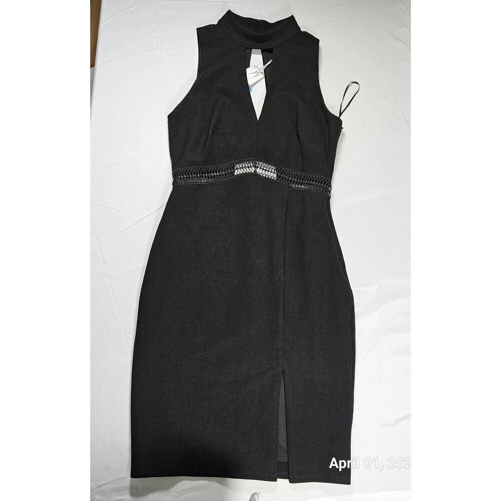 Adelyn Rae Black Sleeveless‎ Midi Dress Keyhole Mock Neck Lace Waist NWT M